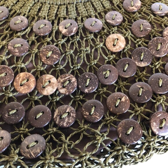 Blue Miami Green Brown Button Design Crochet Wood Circle Handles Boho Retro - Picture 2 of 5